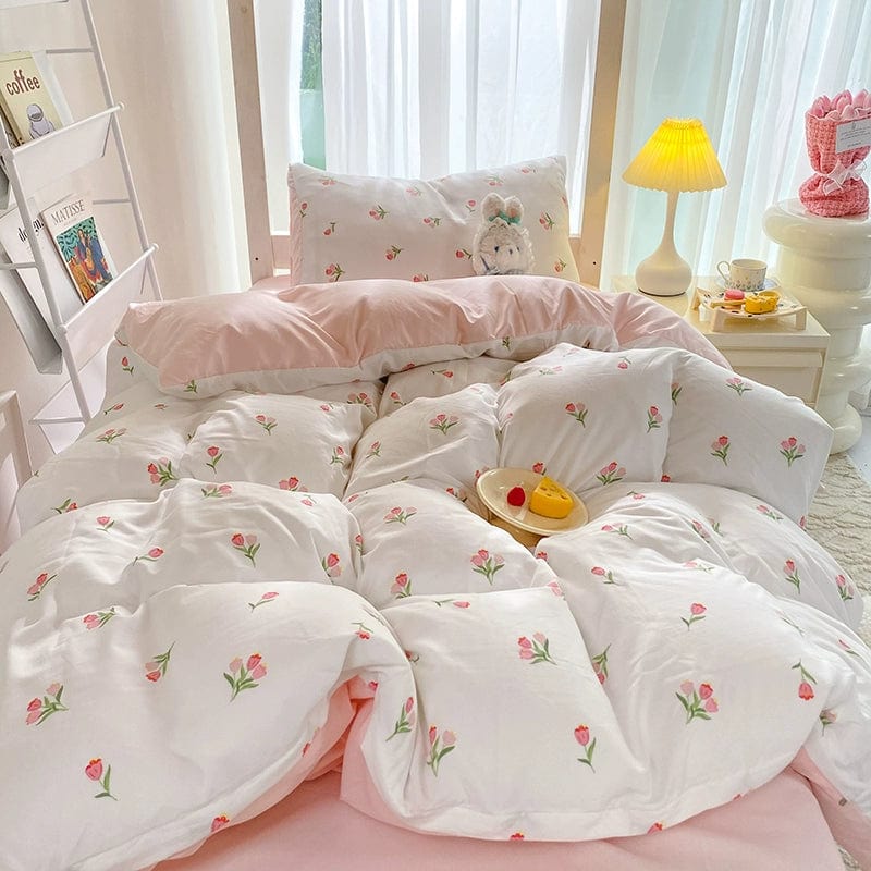 Cream Ins Girly Style Four - Piece Bed Quilt Cover Three - Piece Set Non - Cotton Cotton Student Dormitory Bed Sheet Fitted Sheet - SHOWLU FASHION STORE