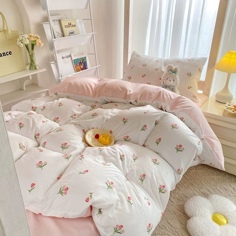 Cream Ins Girly Style Four - Piece Bed Quilt Cover Three - Piece Set Non - Cotton Cotton Student Dormitory Bed Sheet Fitted Sheet - SHOWLU FASHION STORE