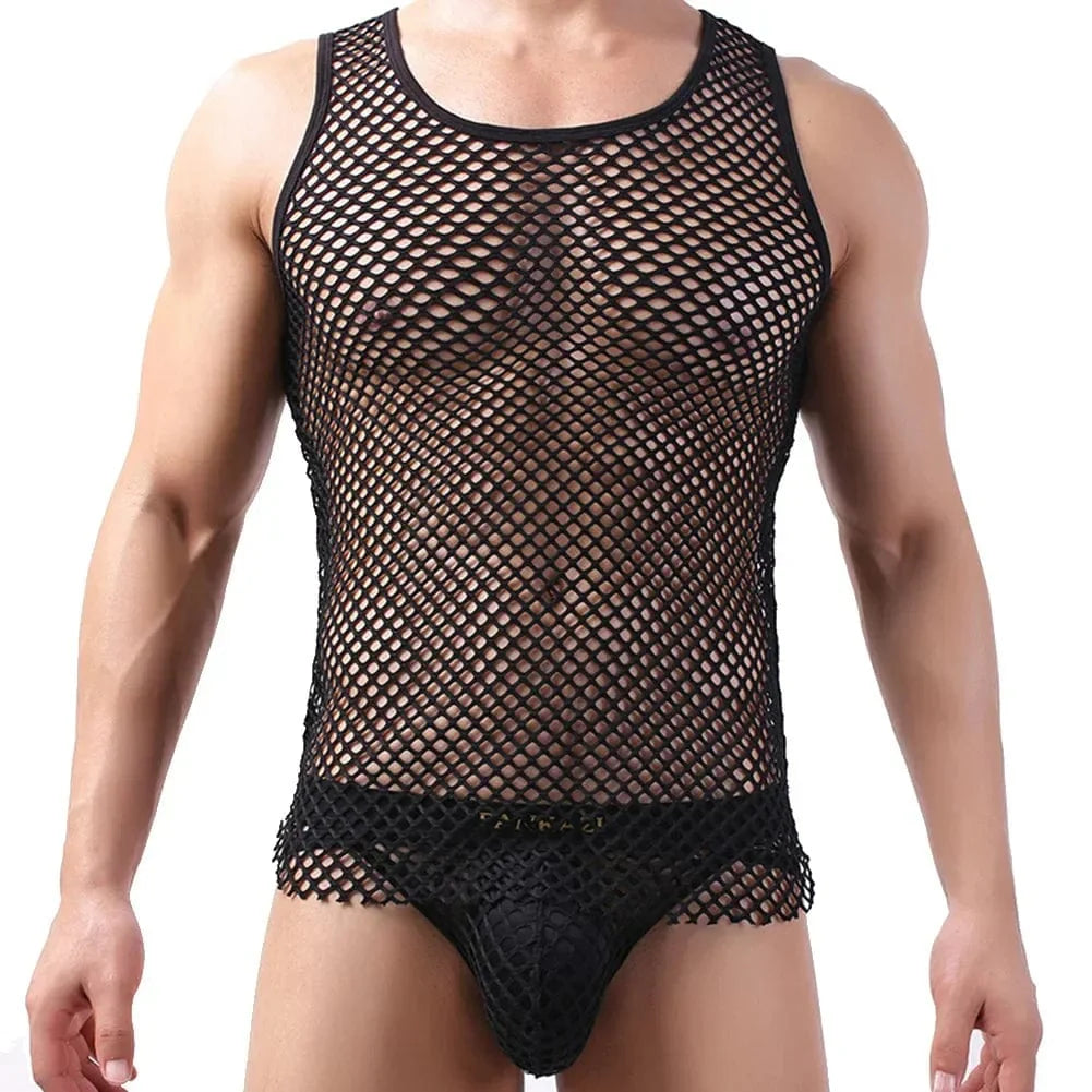 Men's sleeveless mesh fishnet tank top in polyester, casual and comfortable, perfect for summer wear or layering.