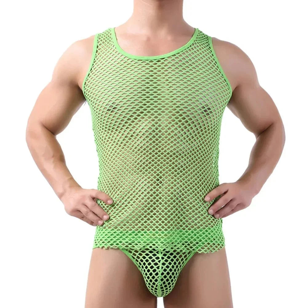 Men's mesh fishnet tank top by SHOWLU Fashion Store, sleeveless polyester vest with breathable fishnet design for casual wear.