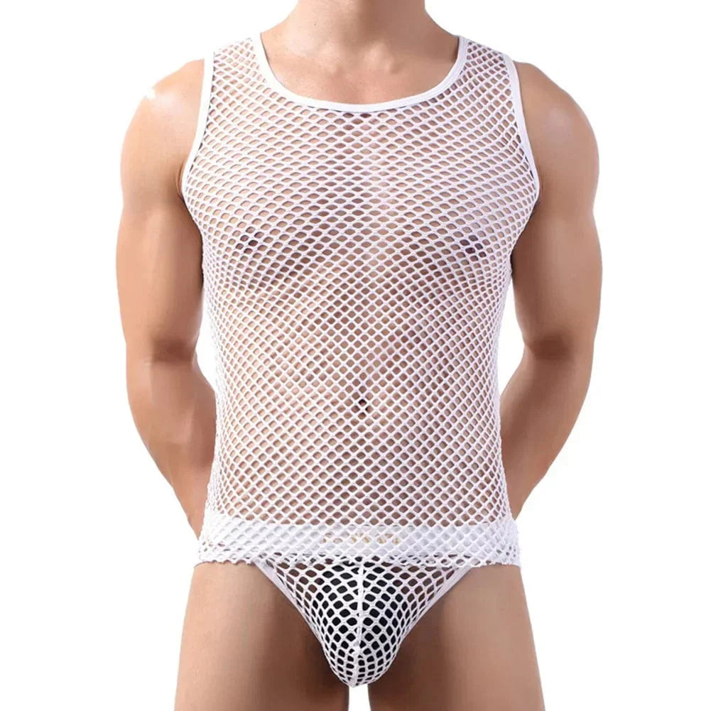 Men's sleeveless mesh fishnet tank top by SHOWLU FASHION STORE, casual polyester vest with breathable, lightweight fishnet design.