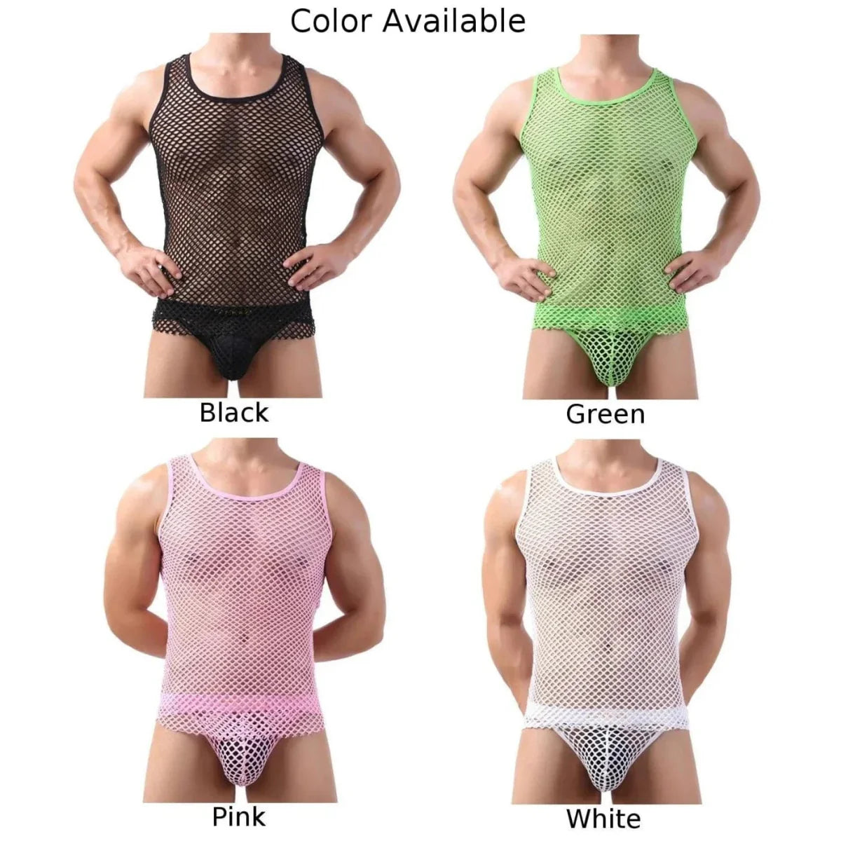 Men's mesh fishnet tank top by SHOWLU FASHION STORE, sleeveless polyester vest with casual, breathable fishnet design.