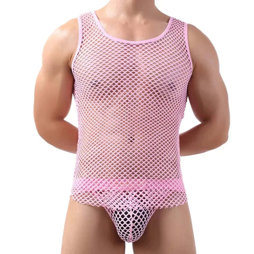 Men's sleeveless mesh fishnet tank top by SHOWLU FASHION STORE, casual polyester vest with breathable, stylish design.