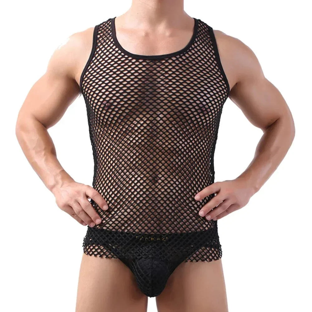 Men's mesh fishnet tank top, sleeveless polyester casual vest singlet with breathable mesh fabric for comfortable summer wear.
