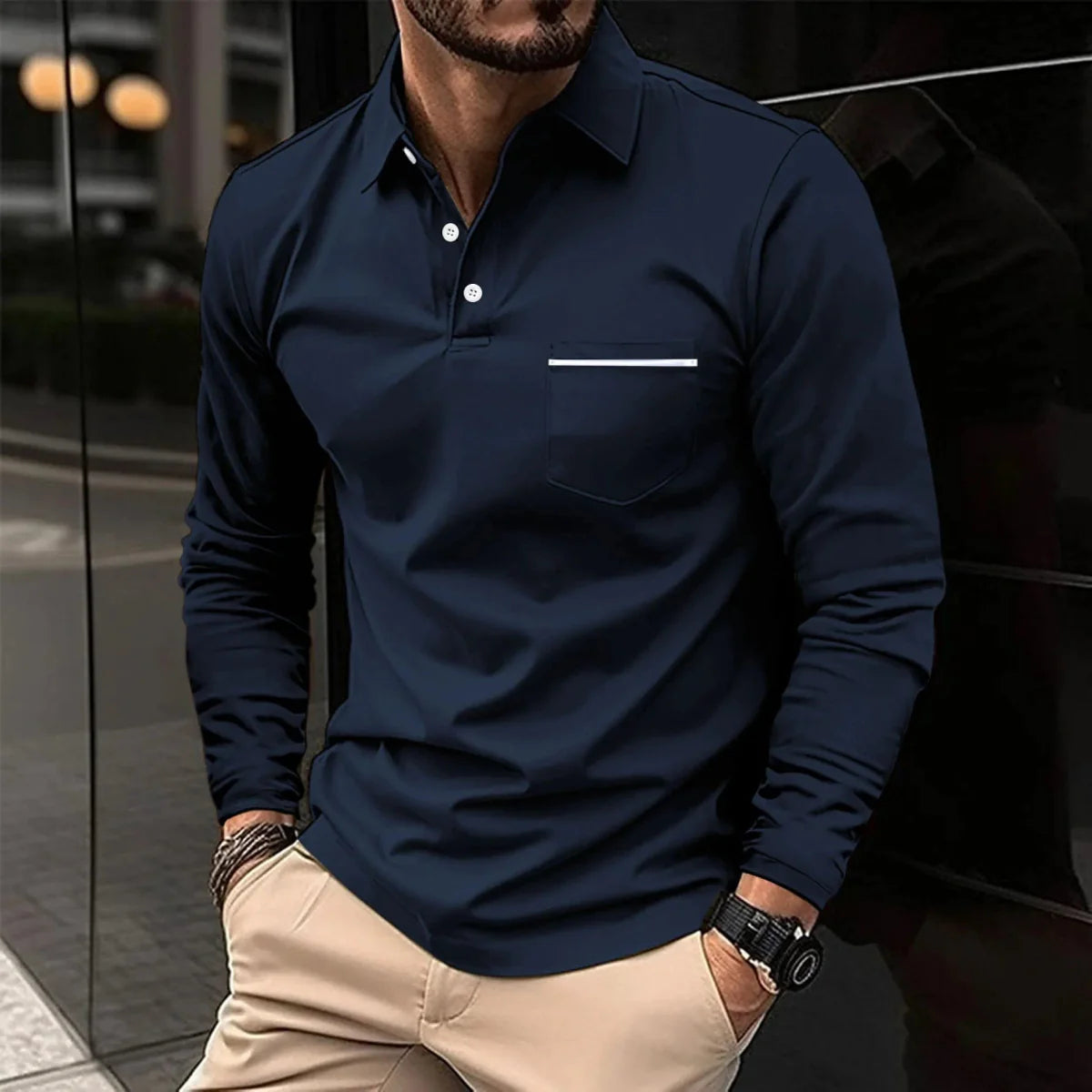 SHOWLU Men's long sleeve polo shirt in breathable polyester knit with a front pocket, suitable for spring and autumn wear.