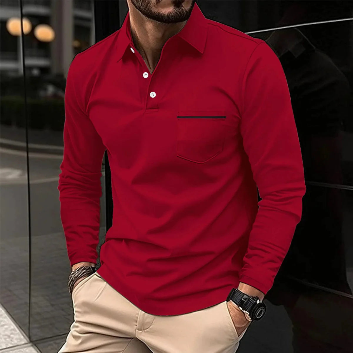 SHOWLU men's long sleeve polo shirt in breathable polyester knit with a chest pocket, suitable for spring and autumn wear.