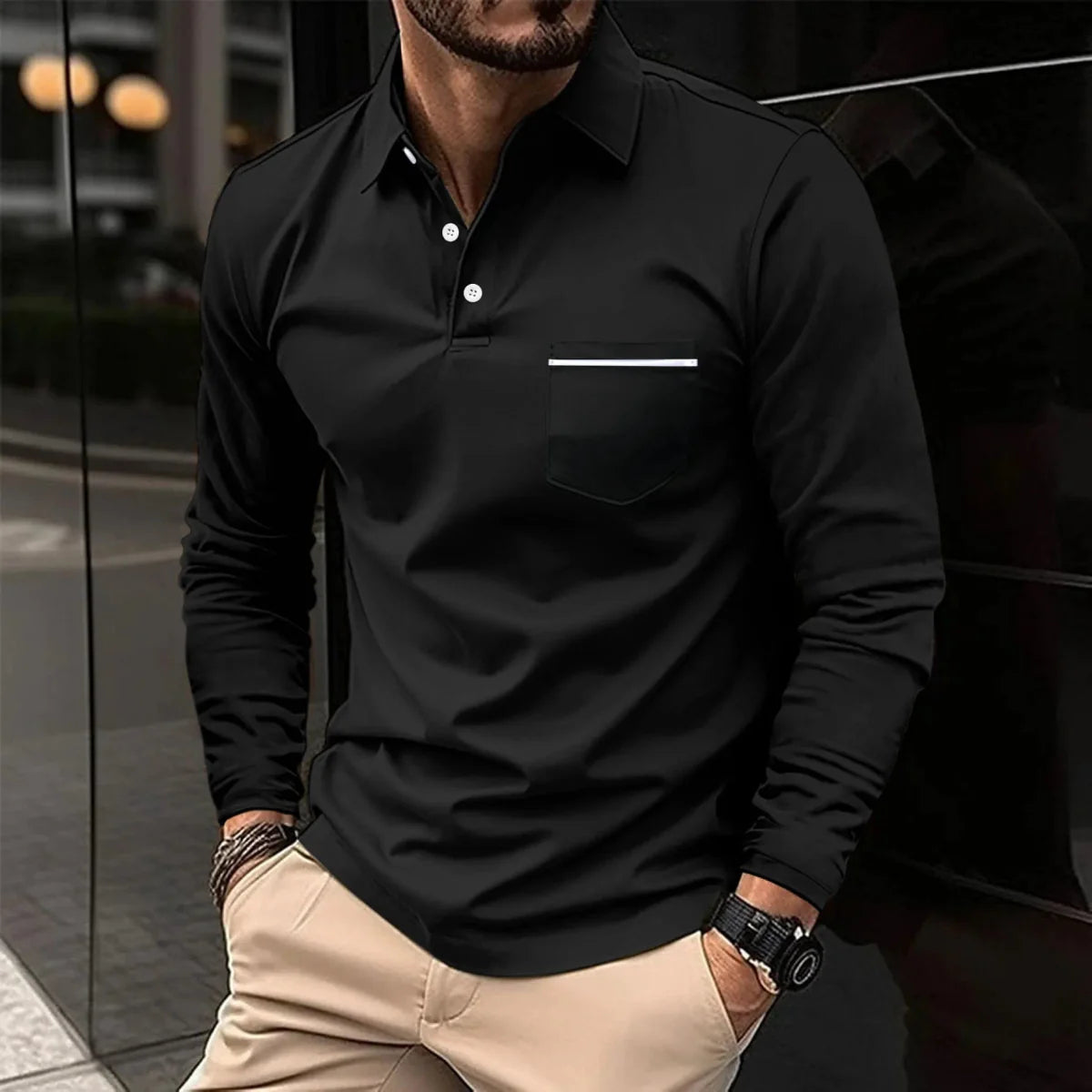 Men's long sleeve polo shirt by SHOWLU, breathable polyester knit with a front pocket, suitable for spring and autumn wear.