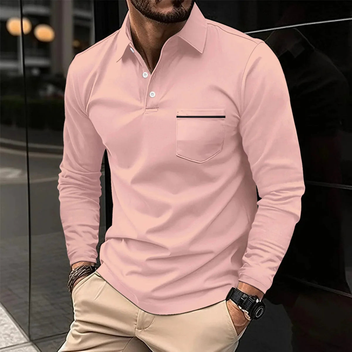 SHOWLU Men's long sleeve polo shirt with breathable polyester fabric and front pocket, suitable for spring and autumn wear