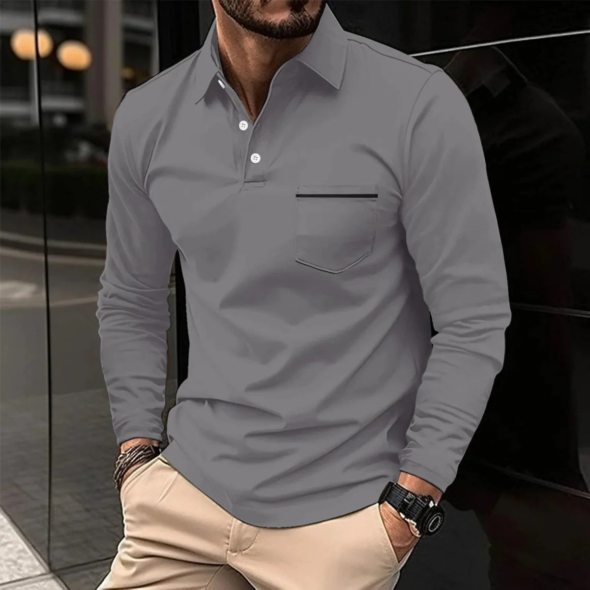 Men's long sleeve polo shirt from SHOWLU FASHION STORE, breathable polyester knit with a front pocket, ideal for spring and autumn wear.