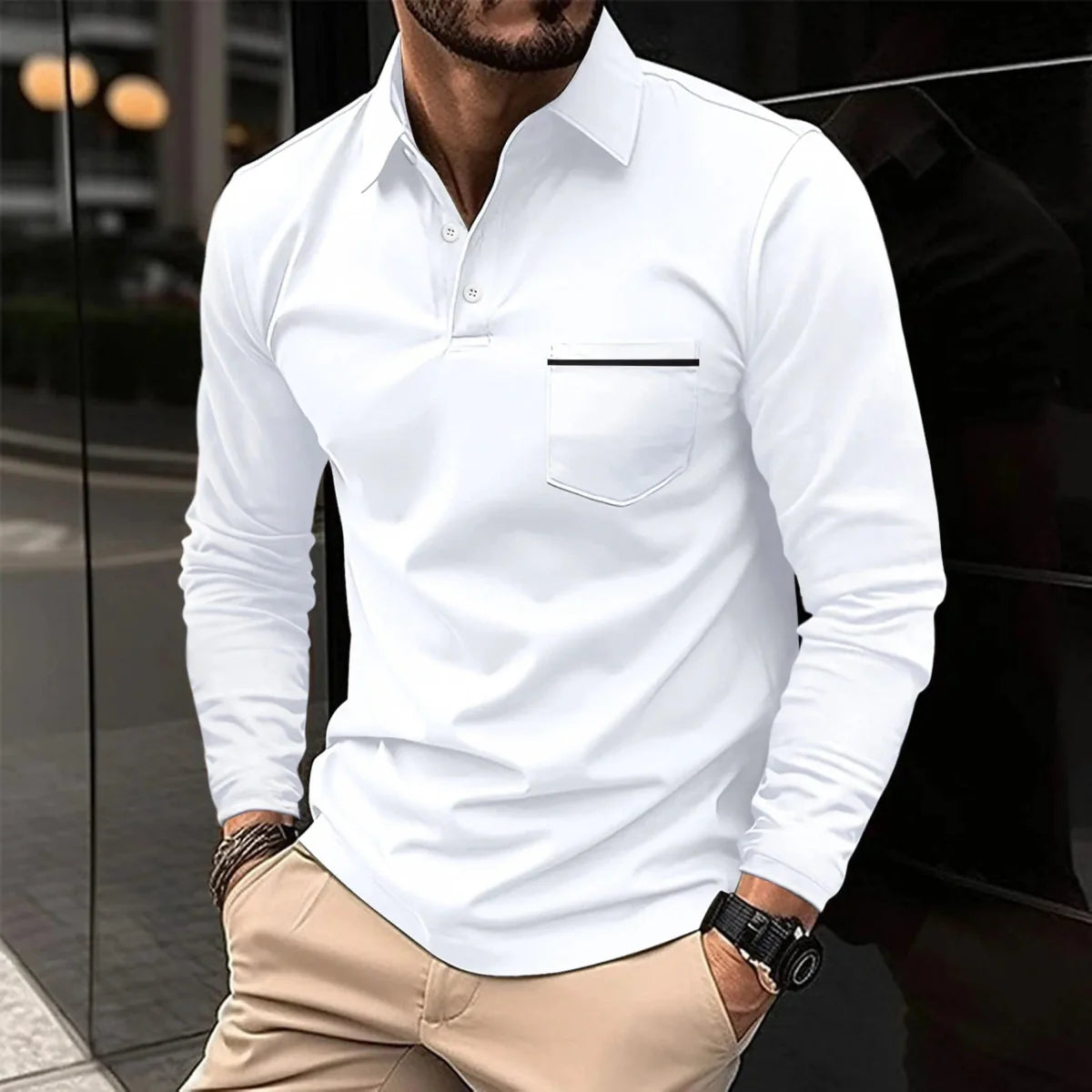 Men's long sleeve breathable polyester polo shirt with pocket, shown in a stylish spring and autumn fashion style.