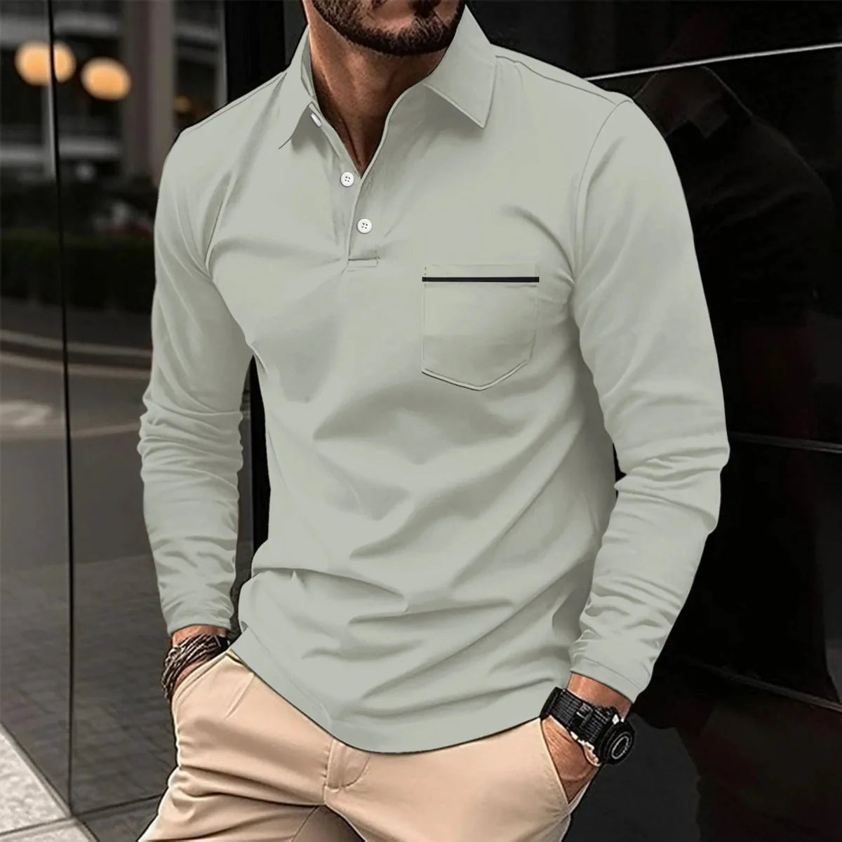 Men's long sleeve breathable polyester polo shirt with button pocket from SHOWLU, featuring a classic design for spring and autumn.
