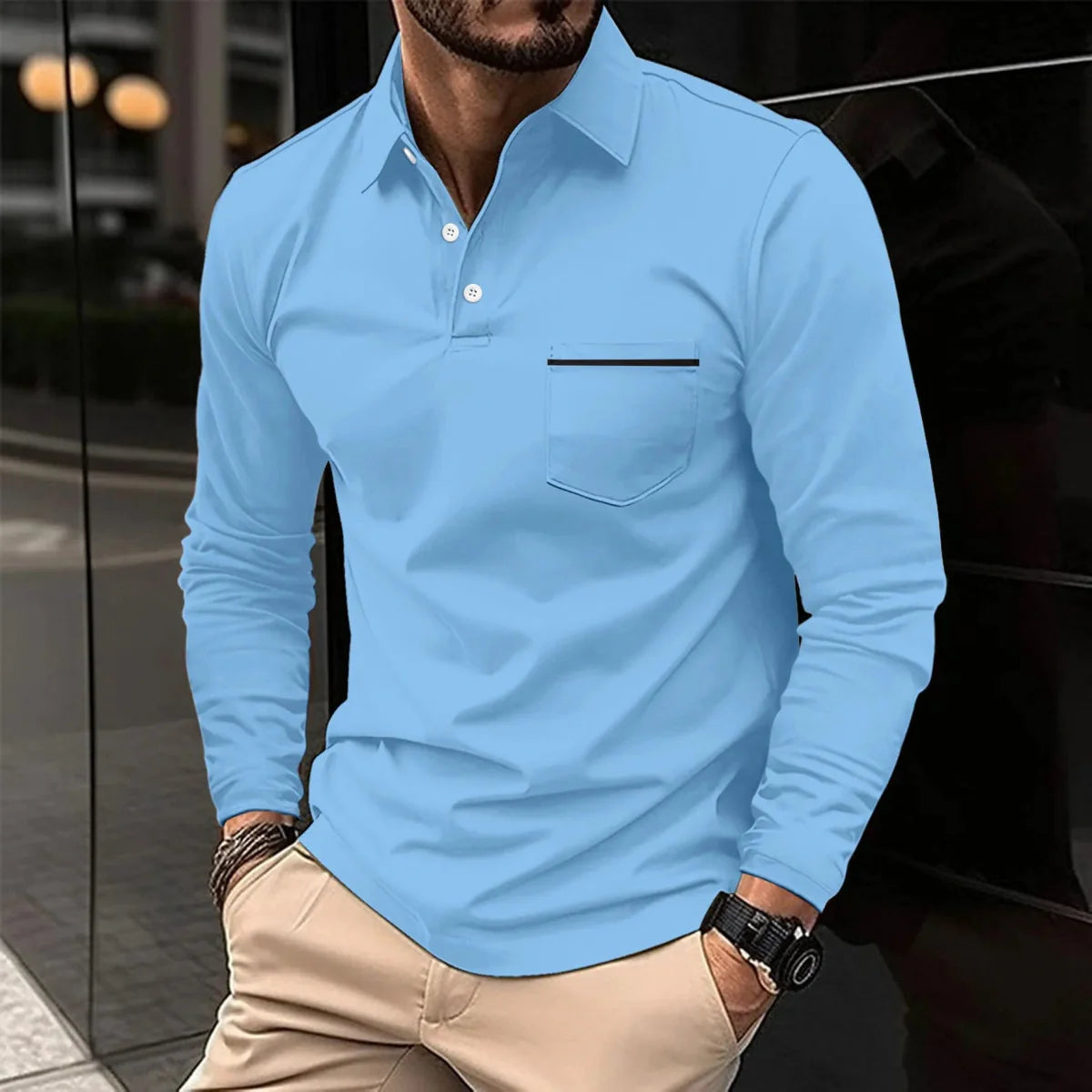 Men's SHOWLU long sleeve polo shirt in breathable polyester knit with a front pocket, ideal for spring and autumn casual wear.