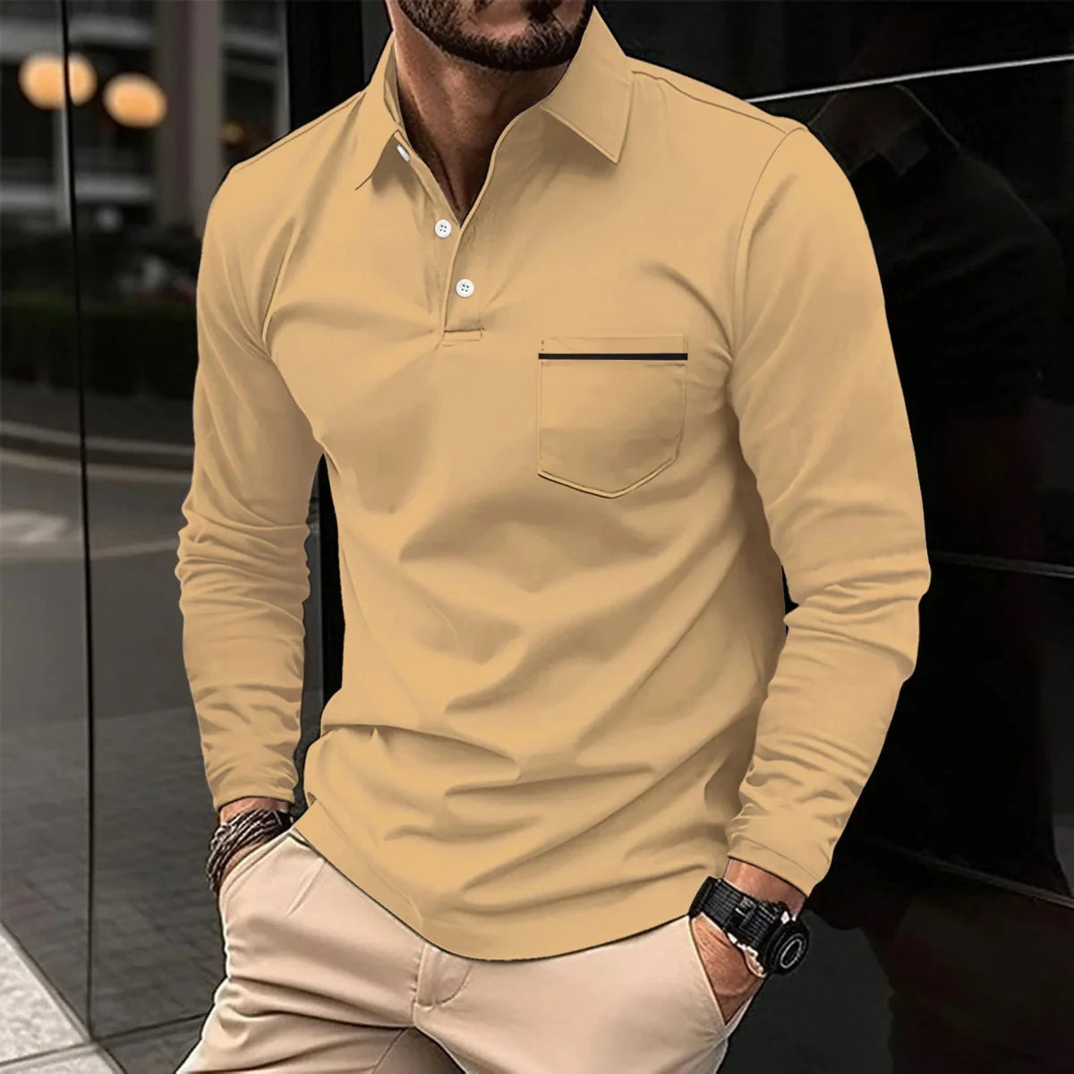 SHOWLU men's long sleeve polo shirt with breathable polyester knit fabric, button pocket, ideal for spring and autumn casual wear.