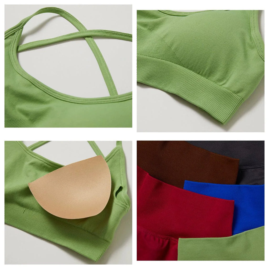 Showlu Seamless Cross Back Yoga Bra made of quick-dry nylon, featuring a snug fit and stylish back design for comfortable workout support.