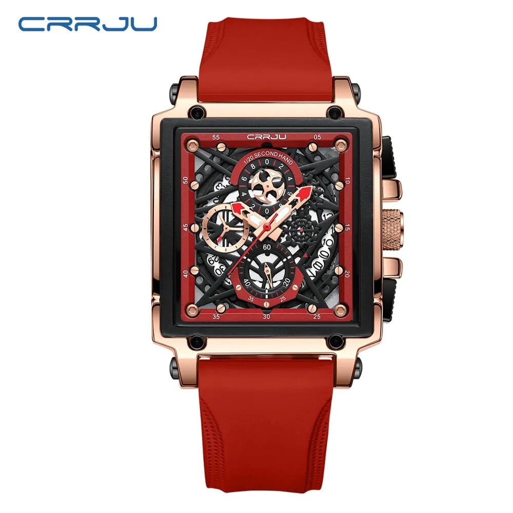CRRJU men's square chronograph watch with silicone strap, quartz movement, sporty design, and army-inspired style.