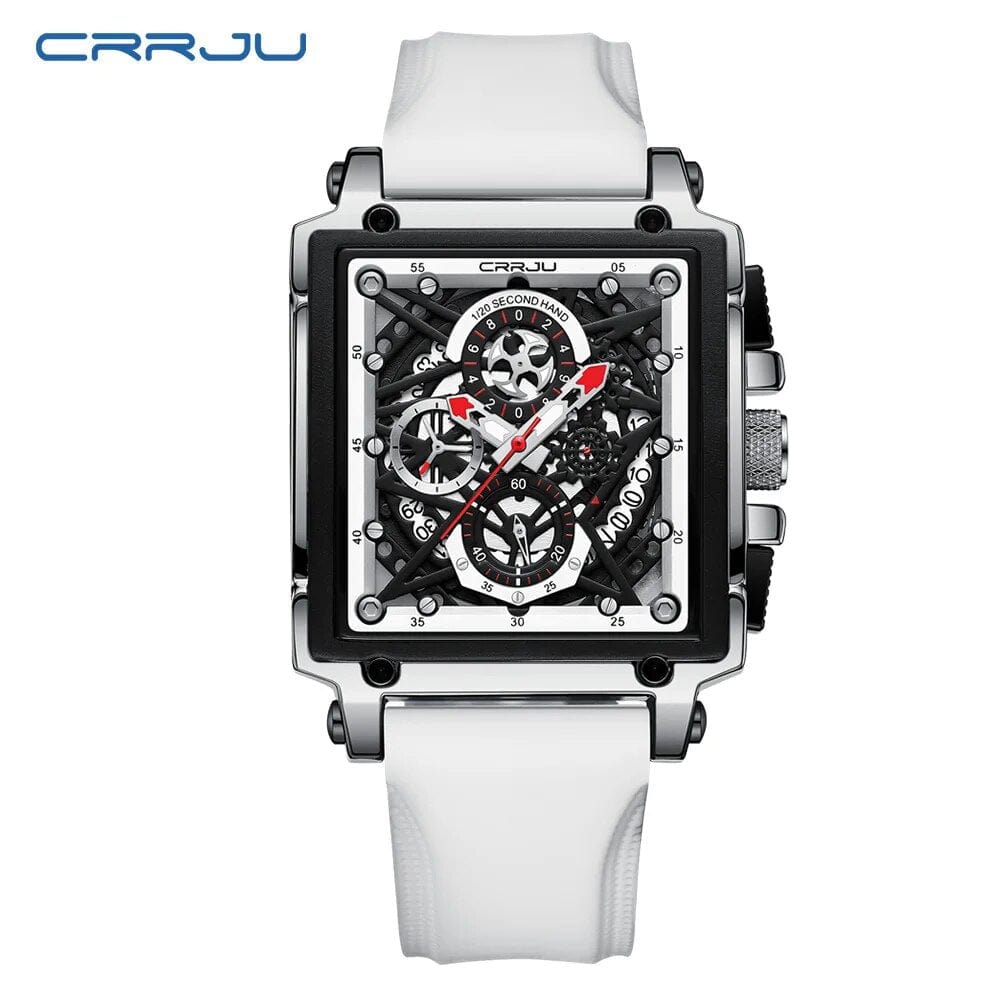 CRRJU men's square chronograph watch with silicone strap, quartz movement, sport design, ideal for active and casual wear.