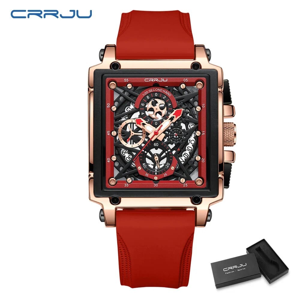 CRRJU men's square chronograph watch with silicone strap and quartz movement, suitable for sports and casual wear.