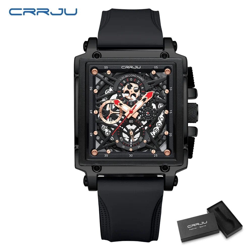 CRRJU men's square chronograph watch with silicone strap, quartz movement, sporty design, and army-inspired style.