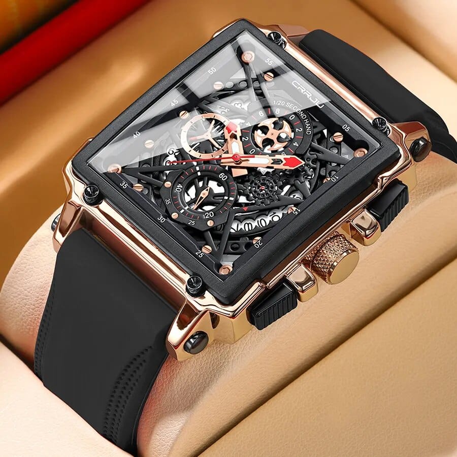CRRJU men's square chronograph watch with silicone strap and quartz movement, sporty style, suitable for men.