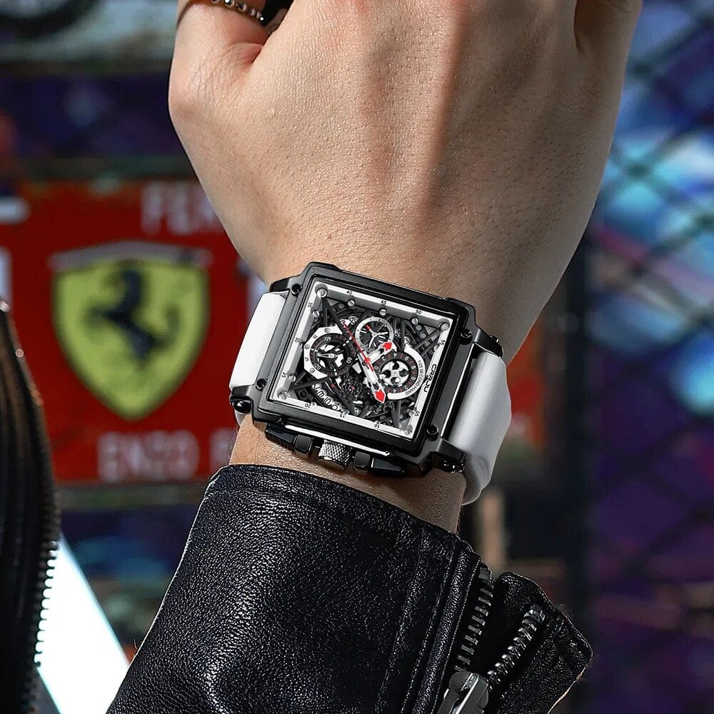 CRRJU men's square chronograph watch with silicone strap and quartz movement, designed for sports and casual wear.
