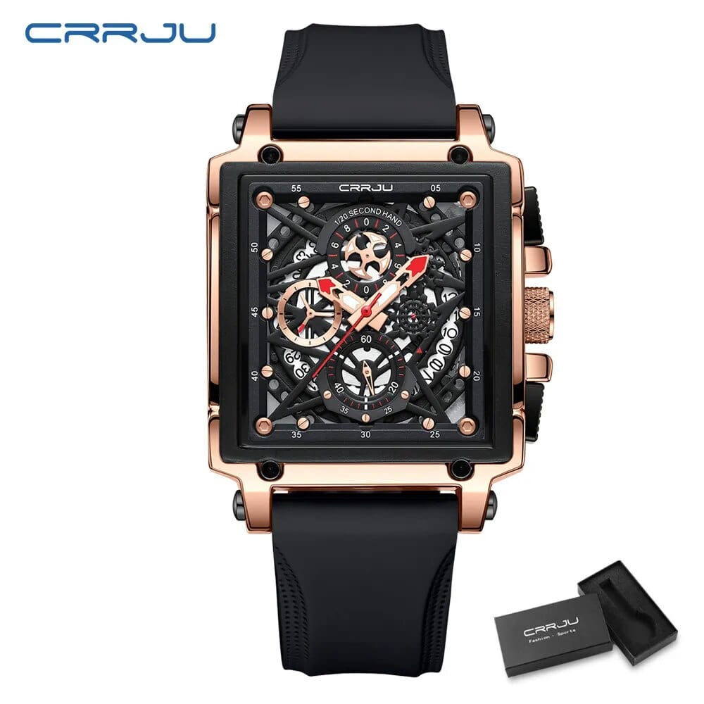 CRRJU men's square chronograph watch with silicone strap and quartz movement, ideal for sports and casual wear.