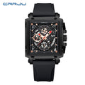 CRRJU men's square chronograph watch with silicone strap, quartz movement, sporty design, and military-inspired style.
