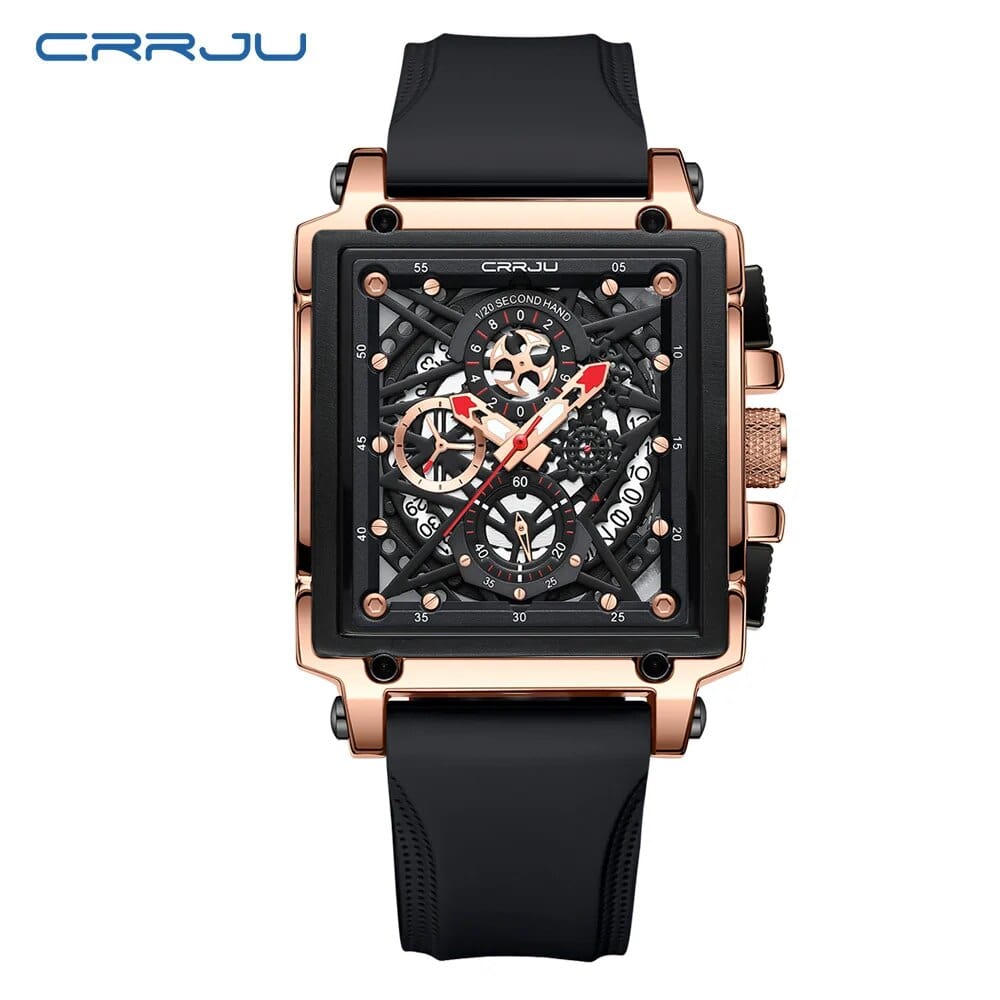 CRRJU men's square chronograph watch with silicone strap, quartz movement, and sporty design for men.