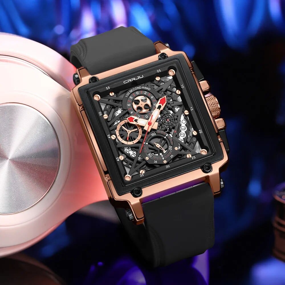 CRRJU men's square chronograph watch with silicone strap, quartz movement, sporty design, and durable military-style construction.
