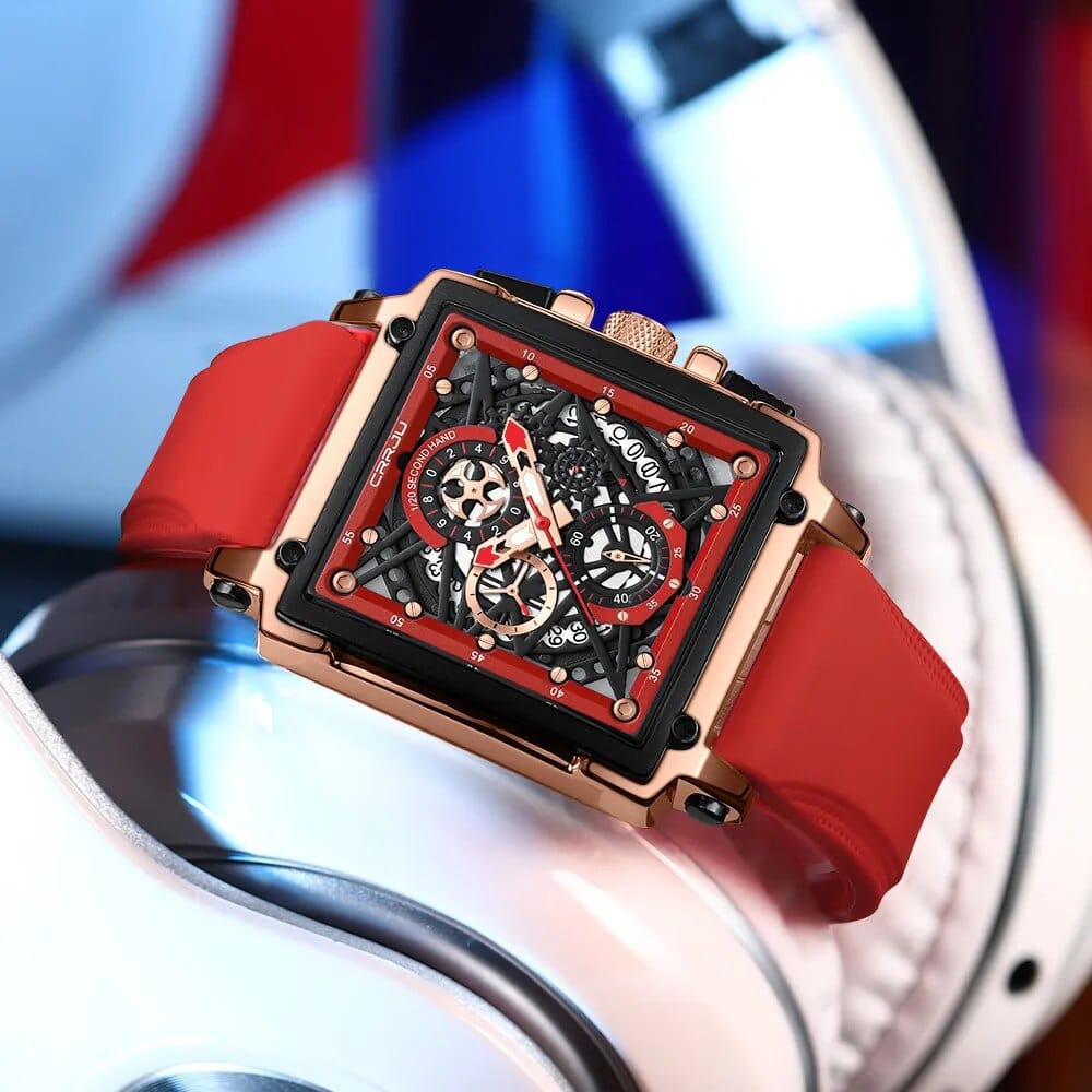 CRRJU men's square chronograph watch with silicone strap, quartz movement, sporty design, suitable for men.