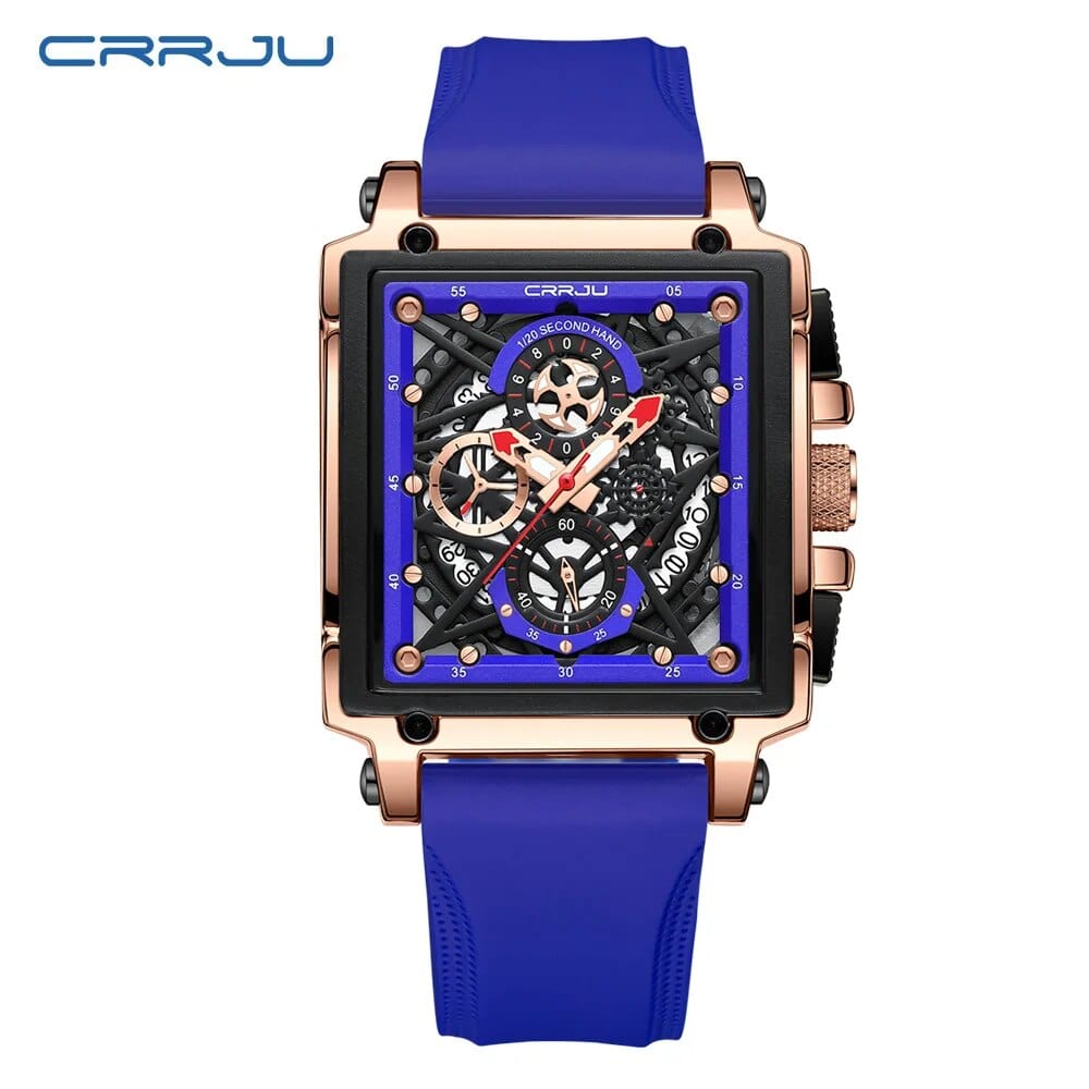 CRRJU men's square chronograph watch with silicone strap, quartz movement, sporty design, and military-style black dial.