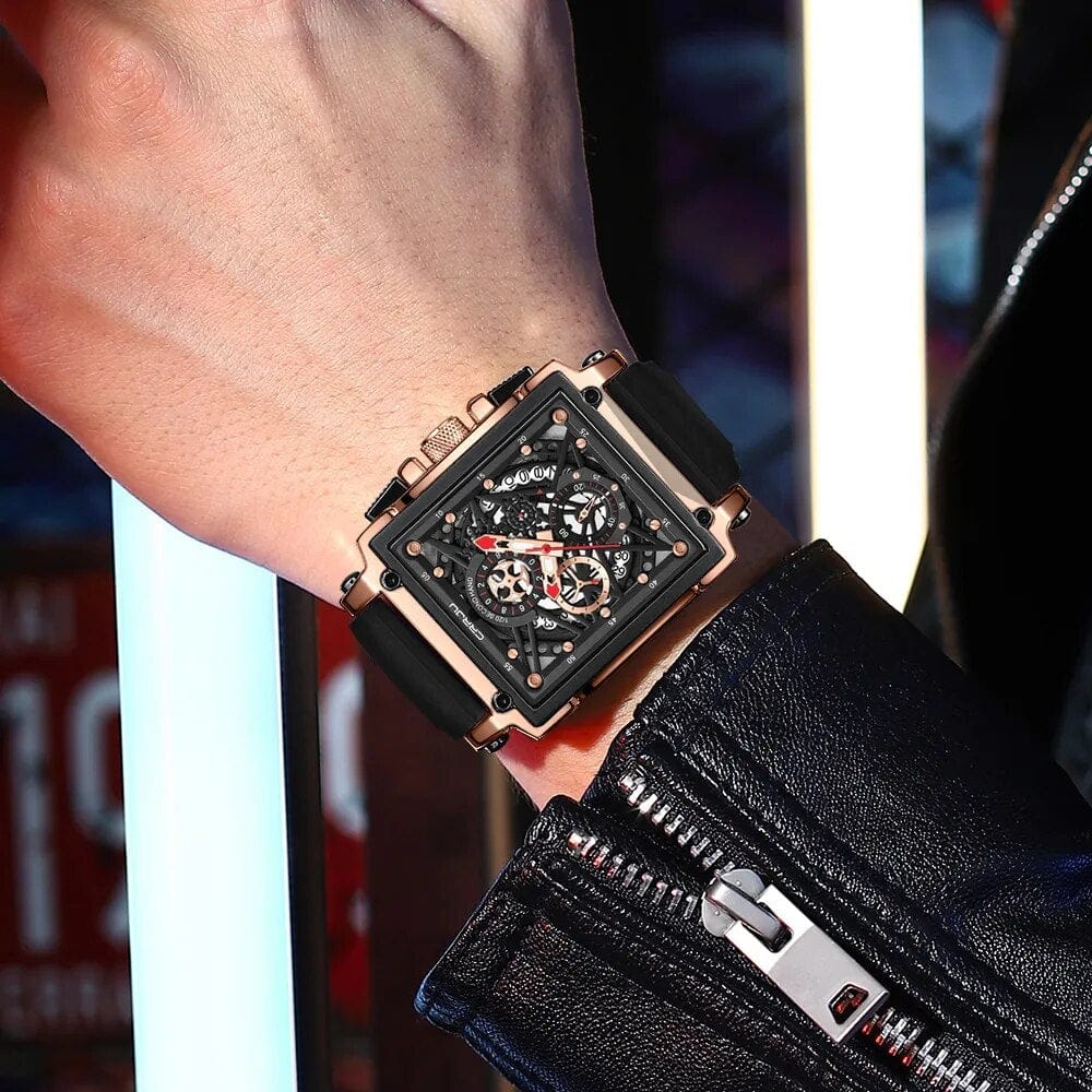 CRRJU men's square chronograph watch with silicone strap, quartz movement, sporty design, suitable for men and active wear.