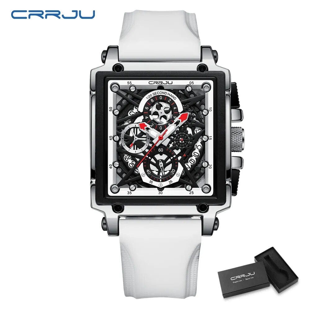CRRJU men's square chronograph watch with silicone strap, quartz movement, sporty design, ideal for active men
