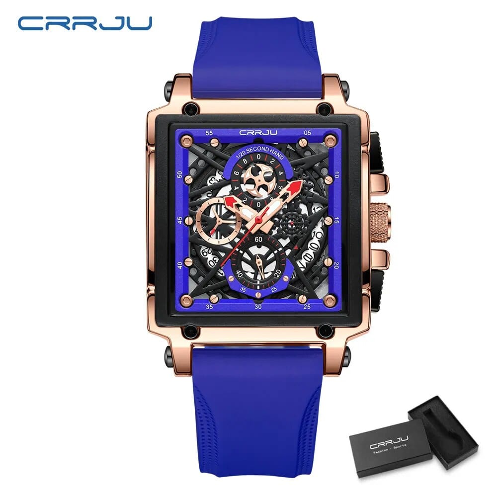 CRRJU men's square chronograph watch with silicone strap, quartz movement, sporty design, and military-inspired style.