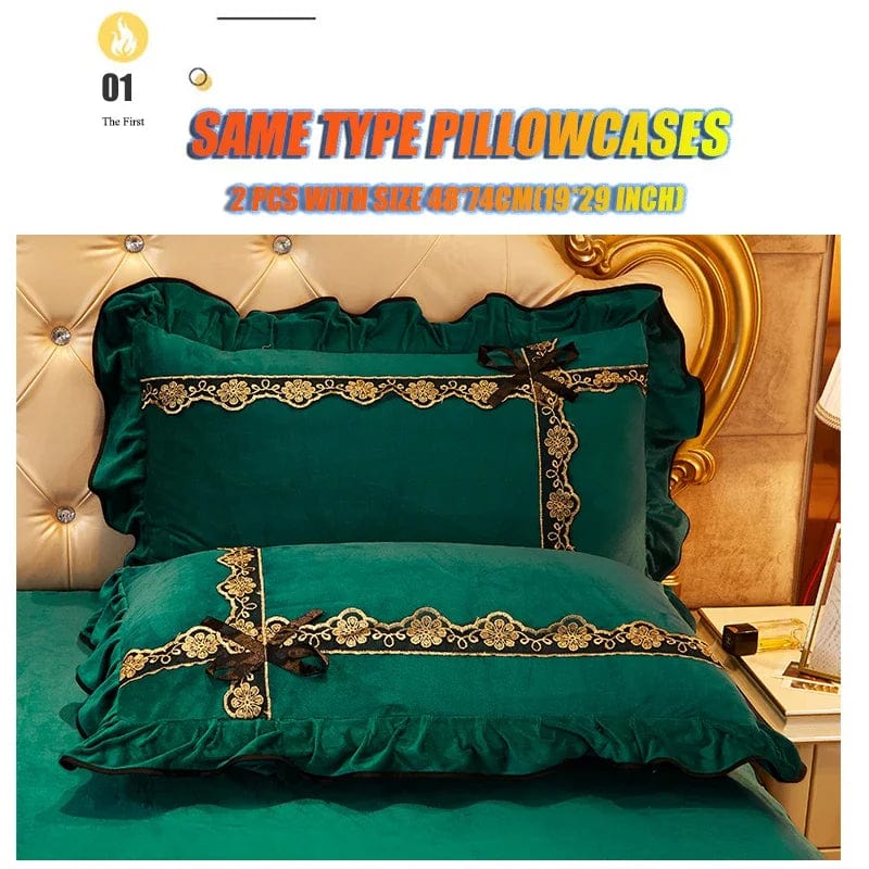 RainFire Crystal Velvet Bedspread with floral lace bed skirt and pillowcases, plush embroidered bedding set for queen and king beds
