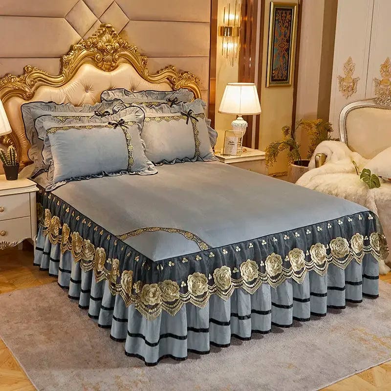 RainFire Crystal Velvet Bedspread with floral lace bed skirt, embroidered bedding set with matching pillowcases for queen or king size.