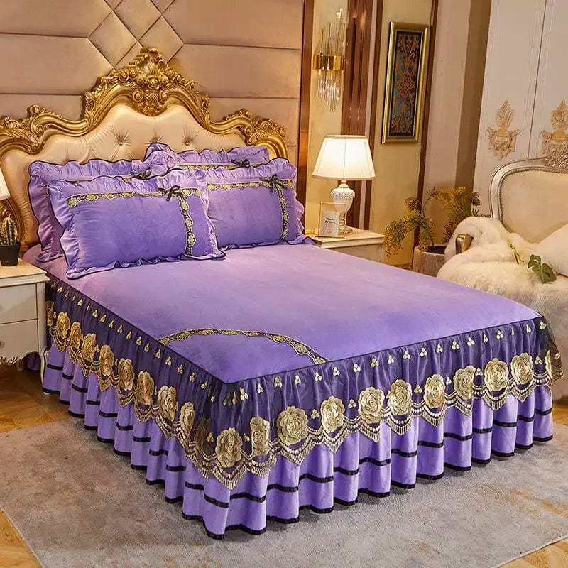 RainFire Crystal Velvet Bedspread with floral lace bed skirt and embroidered pillowcases in a plush, elegant bedding set for queen or king size.