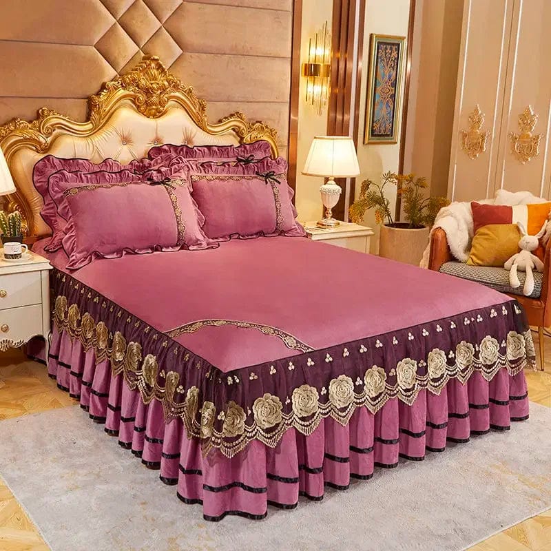 RainFire Crystal Velvet Bedspread with floral lace bed skirt and pillowcases, plush embroidered bedding set for queen and king sizes.