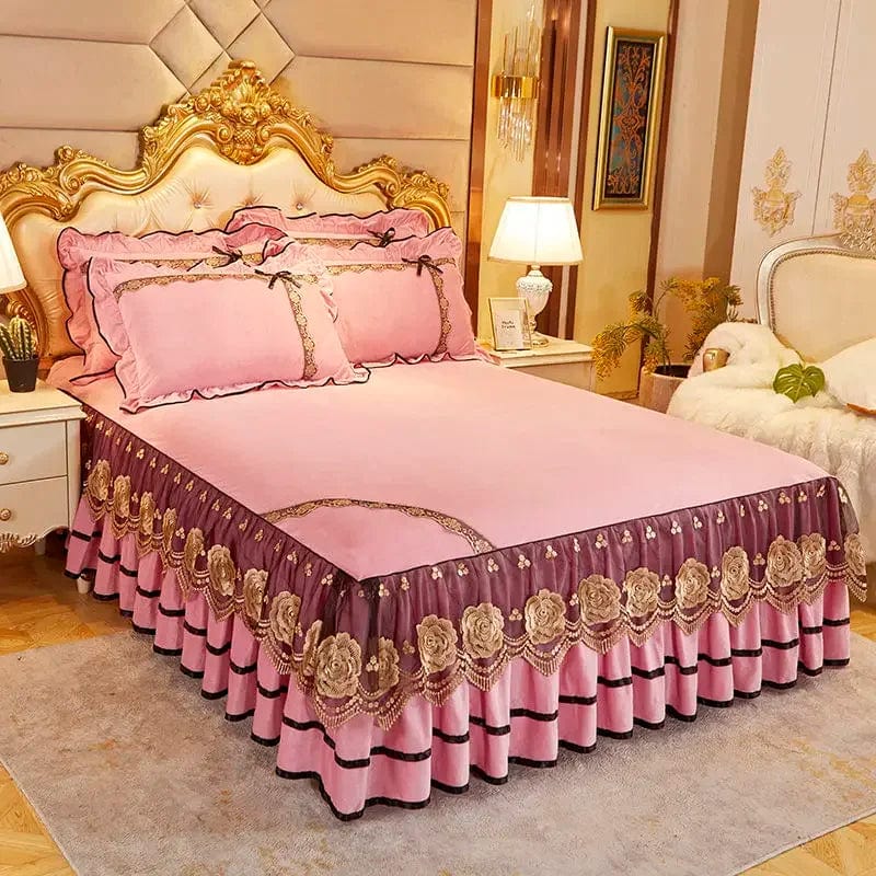 RainFire Crystal Velvet Bedspread with floral lace bed skirt bedding set, plush comforter and embroidered pillowcases for queen or king size.