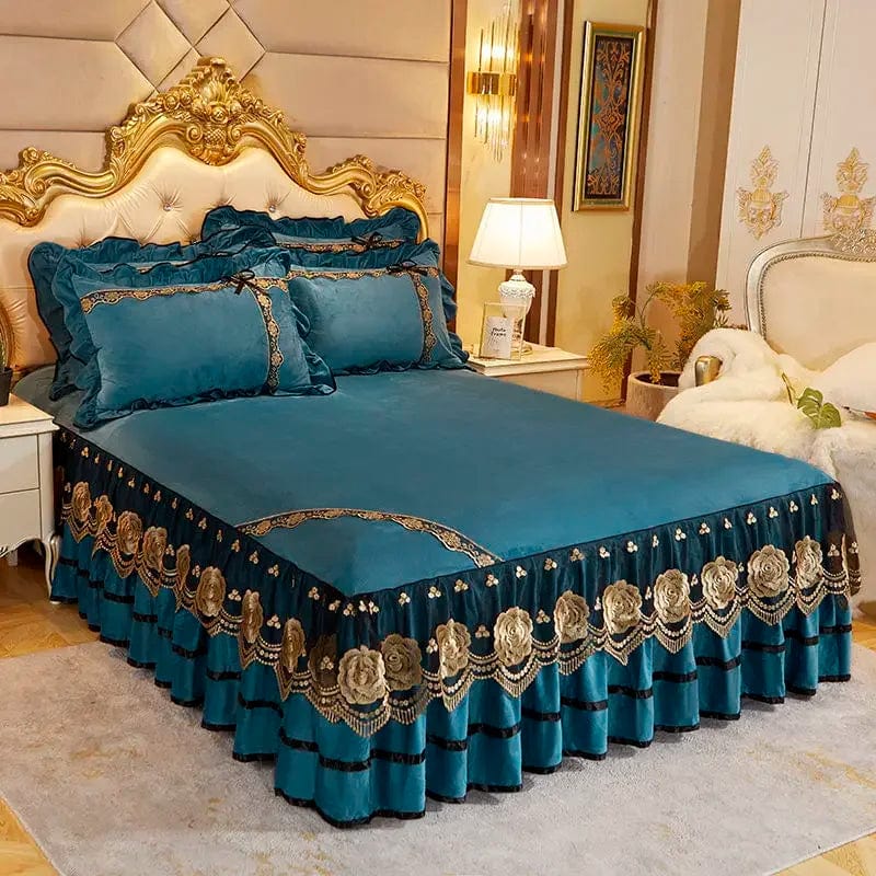 RainFire Crystal Velvet Bedspread with floral lace bed skirt and matching pillowcases, plush and embroidered bedding set for queen or king size