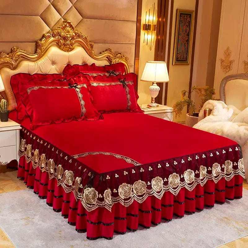 RainFire Crystal Velvet Bedspread with floral lace bed skirt and pillowcases, plush and embroidered bedding set for queen and king sizes