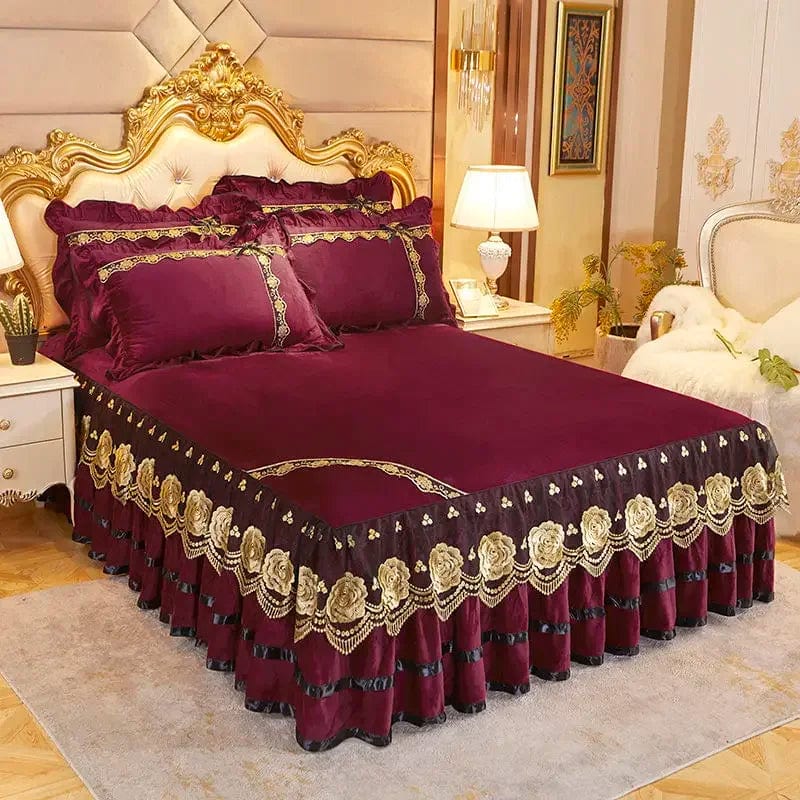 RainFire Crystal Velvet Bedspread with floral lace bed skirt and matching pillowcases in plush, embroidered bedding set for queen or king size.