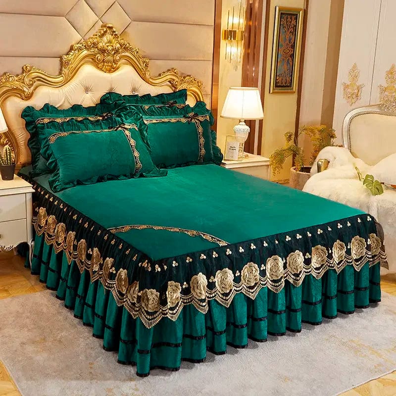 SHOWLU FASHION STORE RainFire Crystal Velvet Bedspread with floral lace bed skirt and embroidered pillowcases for queen and king size bedding set.
