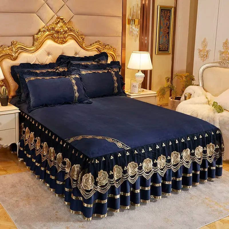 Showlu Fashion RainFire Crystal Velvet Bedspread with floral lace bed skirt, plush embroidery, and matching pillowcases for queen or king size.