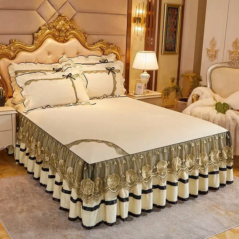 RainFire Crystal Velvet Bedspread with floral lace bed skirt and pillowcases, plush, embroidered bedding set for queen and king sizes