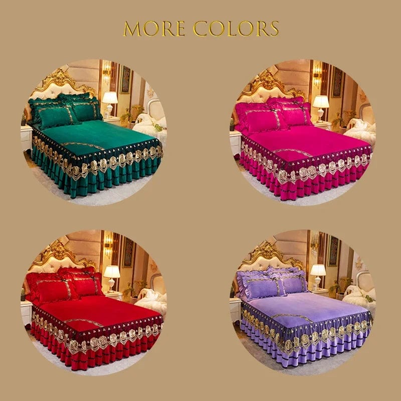 SHOWLU FASHION STORE RainFire Crystal Velvet Bedspread with floral lace bed skirt, plush embroidery, and matching pillowcases for queen or king size.