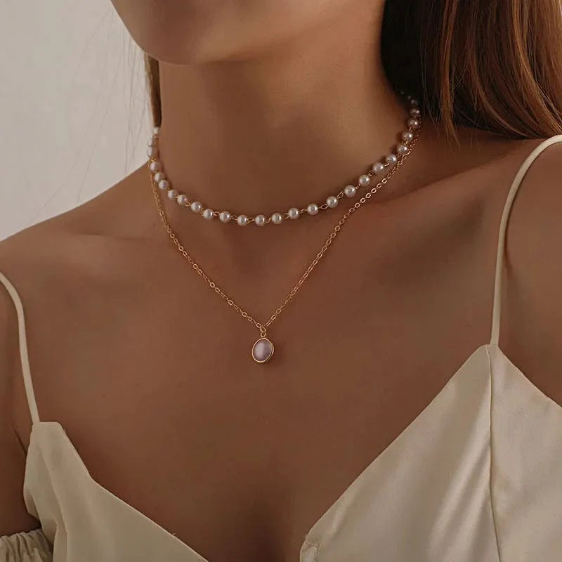 Showlu Fashion layered pendant necklace with crystal zircon heart and star charms, vintage style jewelry for women.