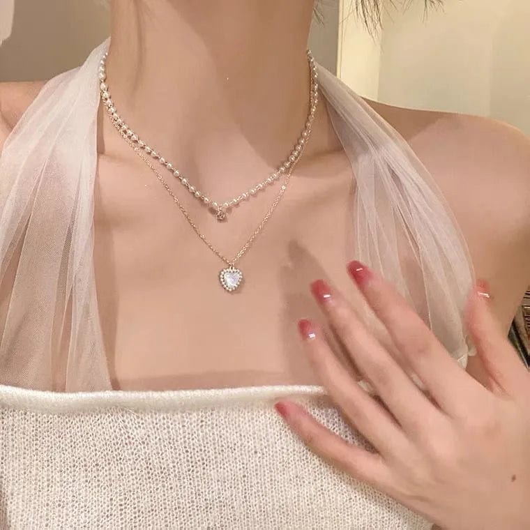Showlu Crystal Zircon Heart and Star Layered Pendant Necklace for Women, vintage jewelry with rhinestone charms and square accents.