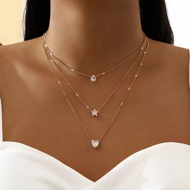 Showlu crystal zircon layered pendant necklace featuring heart and star charms with rhinestones, vintage jewelry for women.