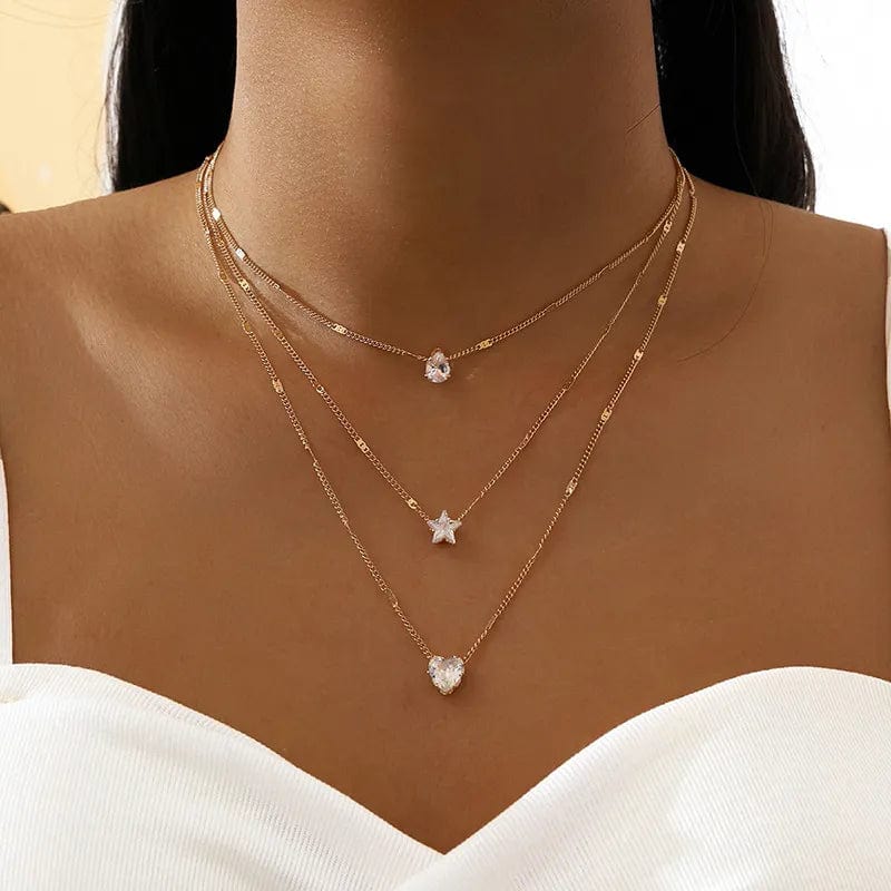 Showlu Crystal Zircon Heart and Star Layered Pendant Necklace for Women with rhinestone charms and vintage style jewelry.