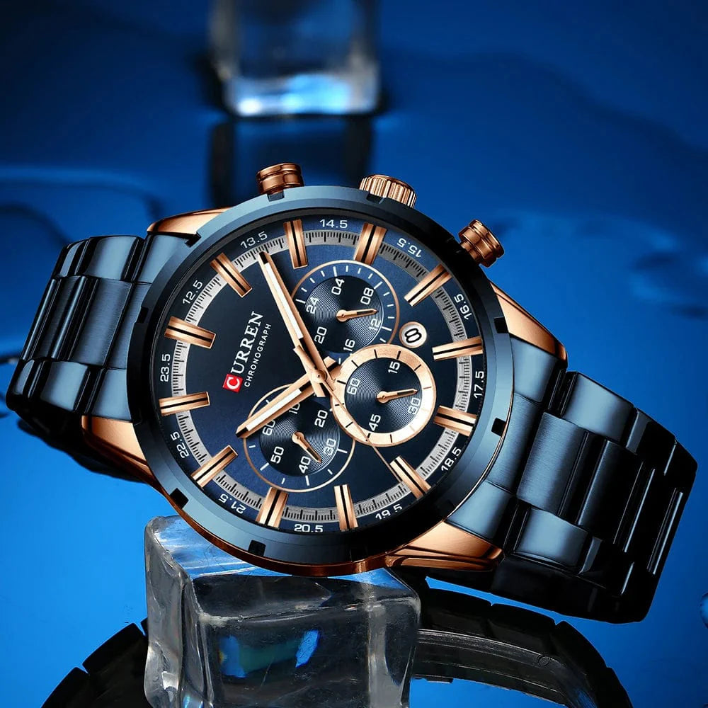 Curren men's chronograph watch with blue dial, stainless steel band, date display, waterproof design, perfect for business and casual wear